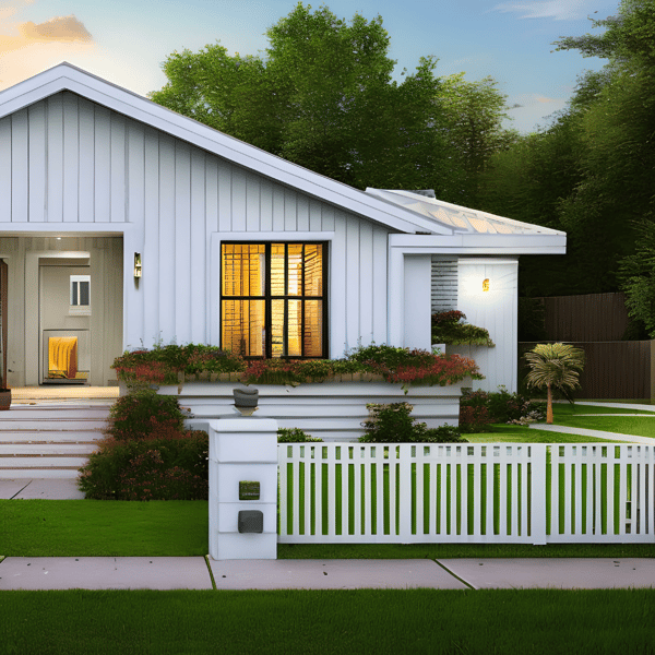 White manufactured home with white picket fence