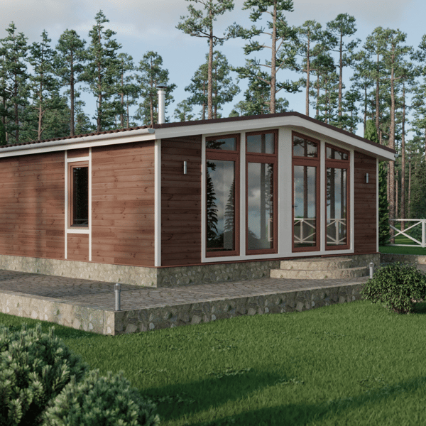 Brown manufactured home in wooded setting