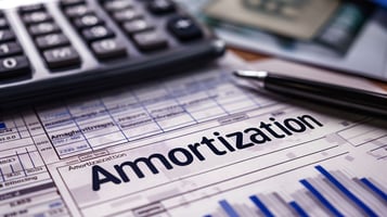 Calculator and paper with graphs and the word Ammortization written on it. Concept for an ammortization calculator
