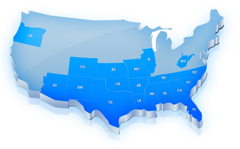 Oregon, Arizona, Colorado, New Mexico, Kansas, Oklahoma, Texas, Missouri, Arkansas, Louisiana, Illinois, Tennessee, Mississippi, Alabama, Georgia, Florida, North and South Carolina, and West Virginia Oregon, Arizona, Colorado, New Mexico, Kansas, Oklahoma, Texas, Missouri, Arkansas, Louisiana, Illinois, Tennessee, Mississippi, Alabama, Georgia, Florida, North and South Carolina, and West Virginia