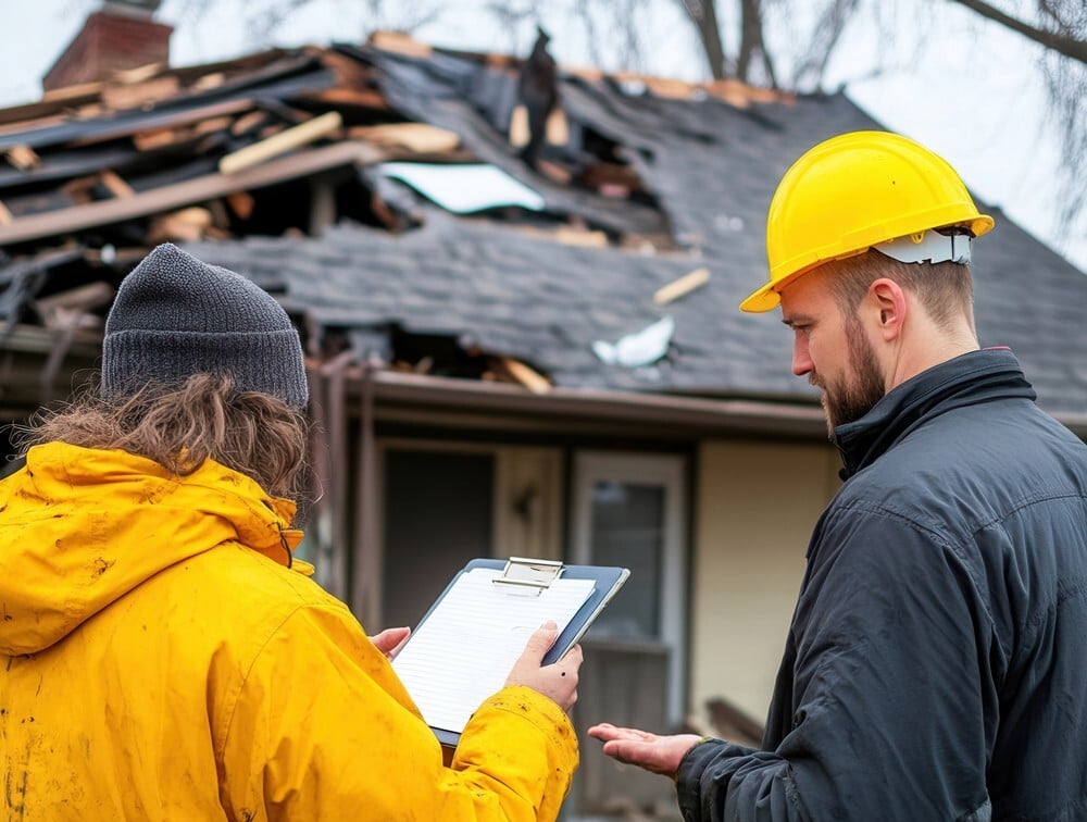 Roofer and homeowner filling out document in front of destroyed house. Concept for hazard insurance.